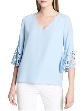 New CALVIN KLEIN XL Blue Top Bell Sleeves W/ Eyelet Embroidery Ruffles Blouse